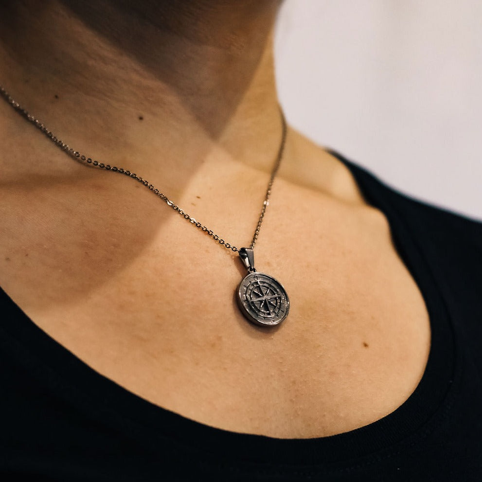 Silver compass necklace